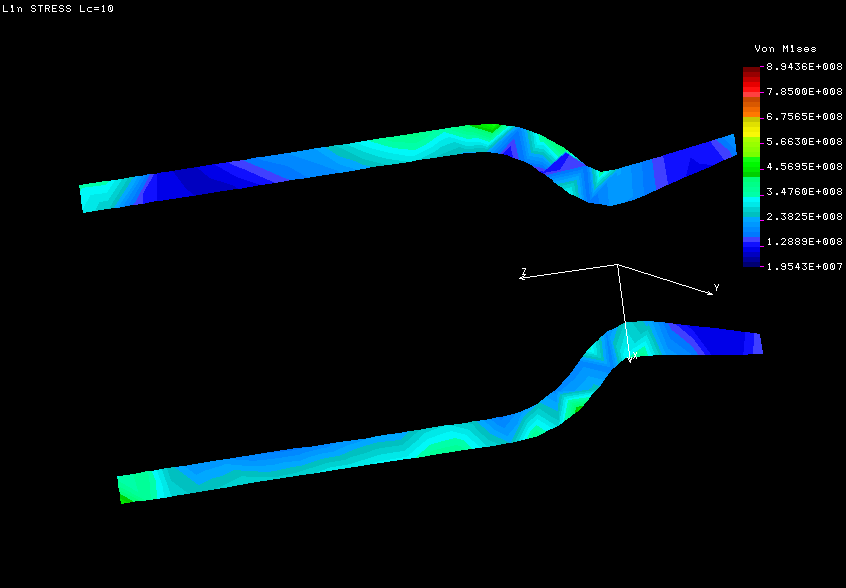 Интенсивность напряжений по Мизесу (t = 10 c)